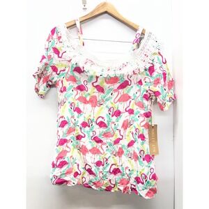 Hailey Lyn Flamingo Cold Shoulder Lace Trim Top XL Pink Tropical Summer NWT